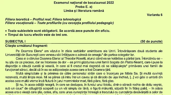 Subiecte Bacalaureat 2022, Limba și literatura română: Text la prima vedere din Nicolae Iorga și eseu de 400 de cuvinte cu particularitățile unei comedii – profilele real și tehnologic