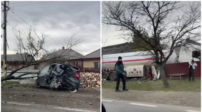 FOTO/VIDEO Accident rutier grav la Moțca. O cisternă cu GPL a intrat în curtea unui localnic, un alt vehicul distrus – VIDEO
