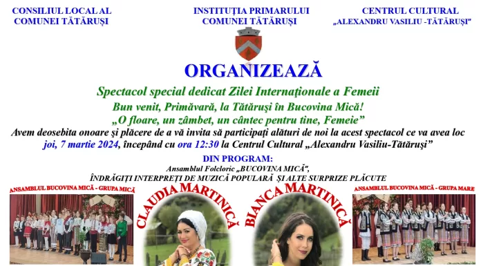 Spectacol folcloric pe 7 martie, la Tătăruși – „O floare, un zambet, un cantec pentru tine, Femeie!”
