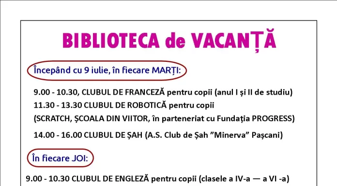 Biblioteca de vacanță, la Biblioteca Municipală „Leonard Gavriliu” Pașcani
