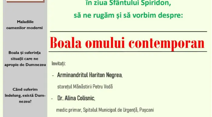 Conferință despre boala omului contemporan, la biserica de la Spitalul Municipal Pașcani