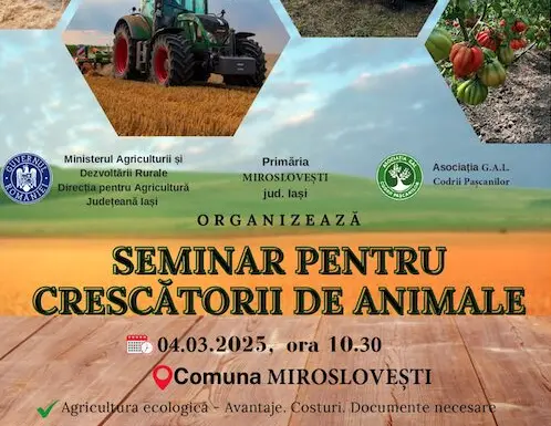 Seminar pentru crescătorii de animale, la Miroslovești, marți, 4 martie