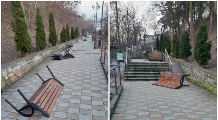 Băncile și coșurile de scările mici din municipiul Pașcani, răsturnate peste noapte