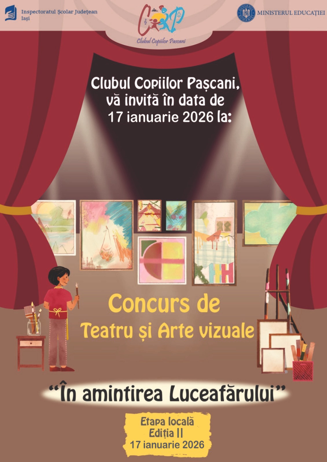 Concurs de teatru și arte vizuale „În amintirea Luceafărului” la Clubul Copiilor Pașcani. Înscrierile au loc până pe data de 15 ianuarie – DOC