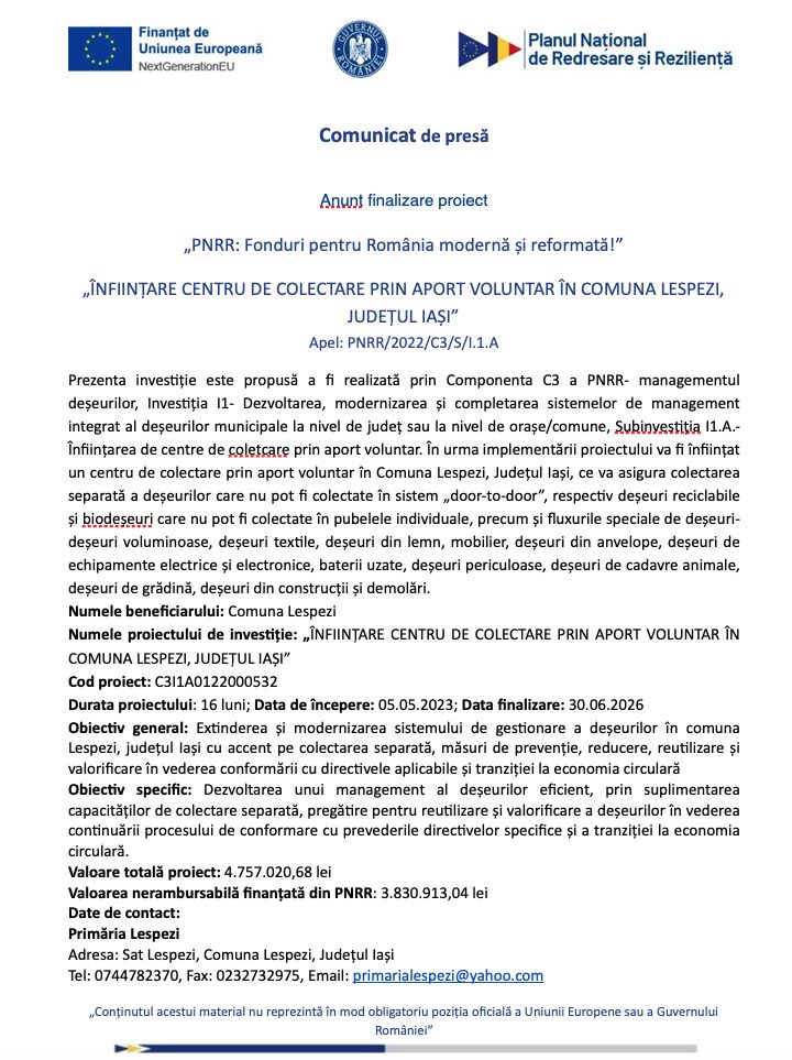 ÎNFIINȚARE CENTRU DE COLECTARE PRIN APORT VOLUNTAR ÎN COMUNA LESPEZI, JUDEȚUL IAȘI